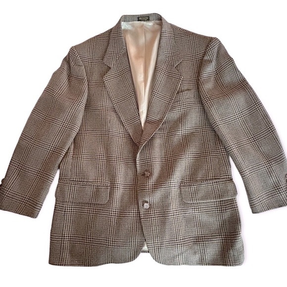 OSCAR DE LA RENTA Wool and Silk Houndstooth Tan Two Button Blazer Sport Coat 43R - Picture 8 of 16